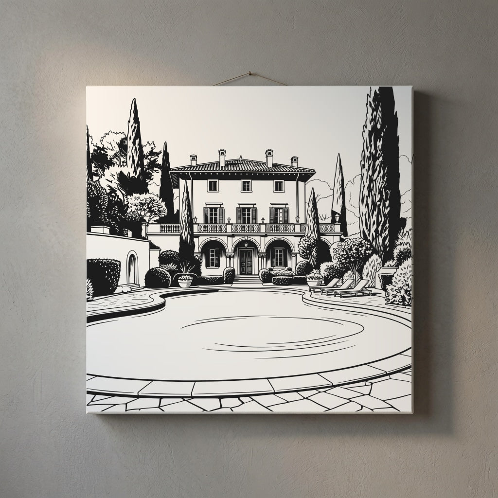 Linee Pure – villa con piscina, quadro su tela appeso