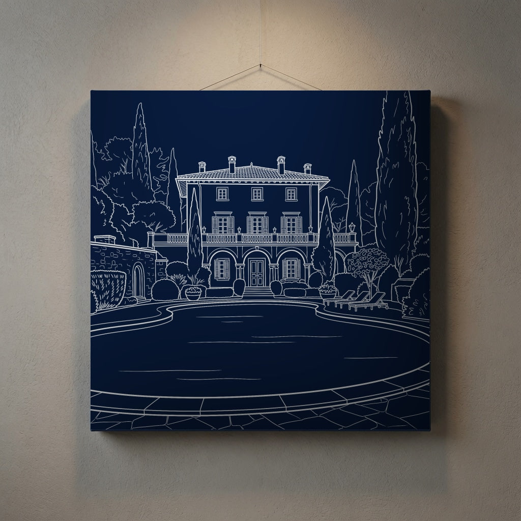 Progetto Blu – villa con piscina, quadro su tela appeso